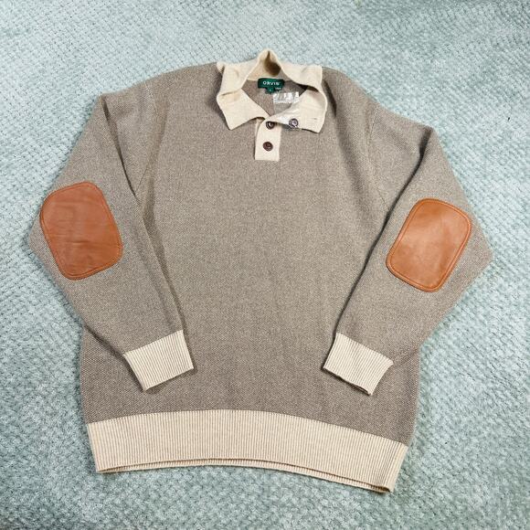 ORVIS 100% Cashmere Beige/Brown/Bream Button Quarterzip NWOT Mens Sweater L - Picture 1 of 5